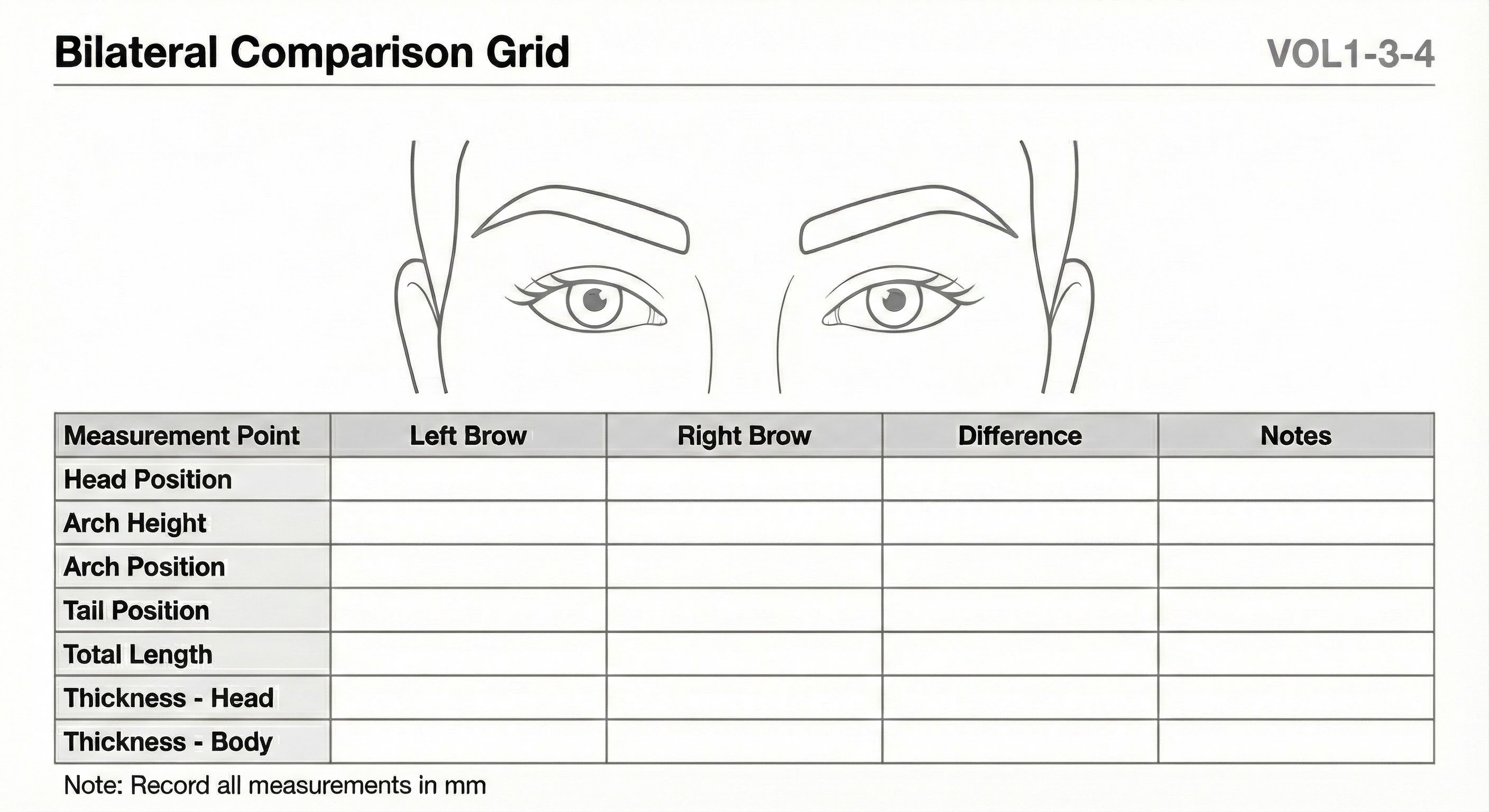 Grid diagram for comparing left and right brow symmetry